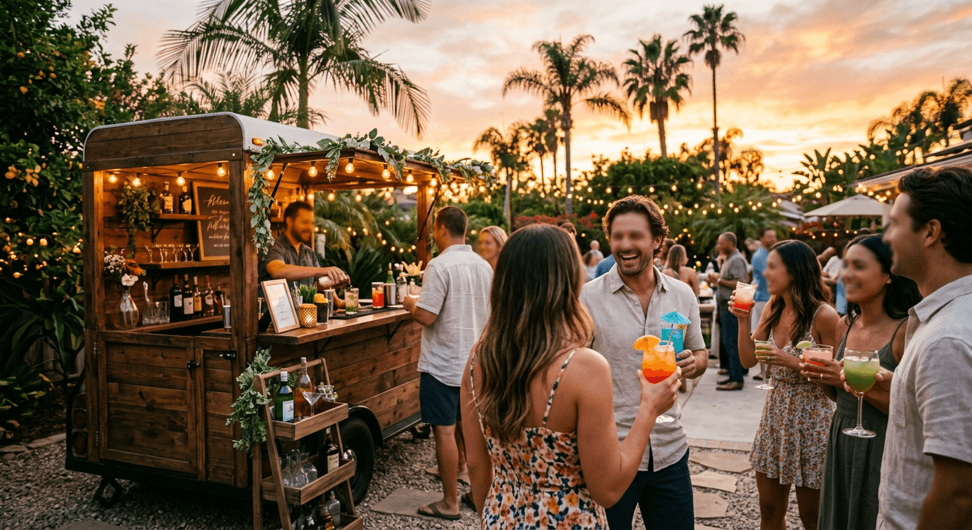 Guests enjoying cocktails at a backyard party with a mobile bar cart