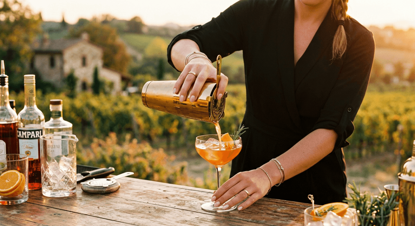 Bartender pouring a cocktail from a gold shaker outdoors