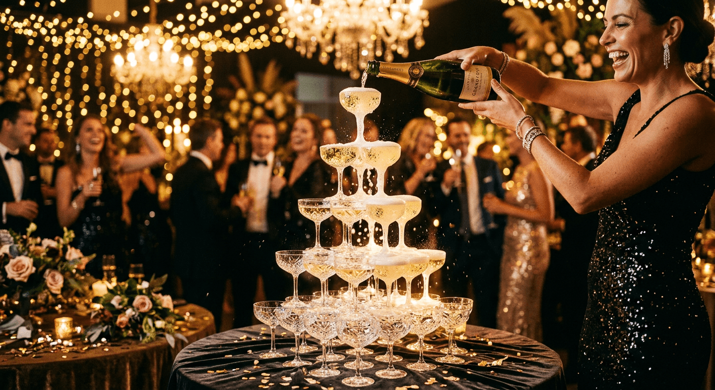 Champagne being poured over a tower of coupe glasses