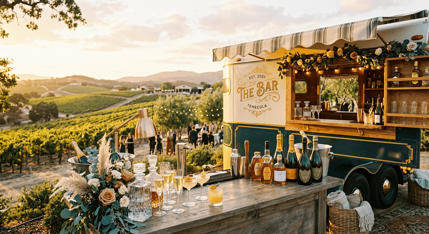 Bougie Bee mobile bar set up among the vineyards of Temecula at golden hour
