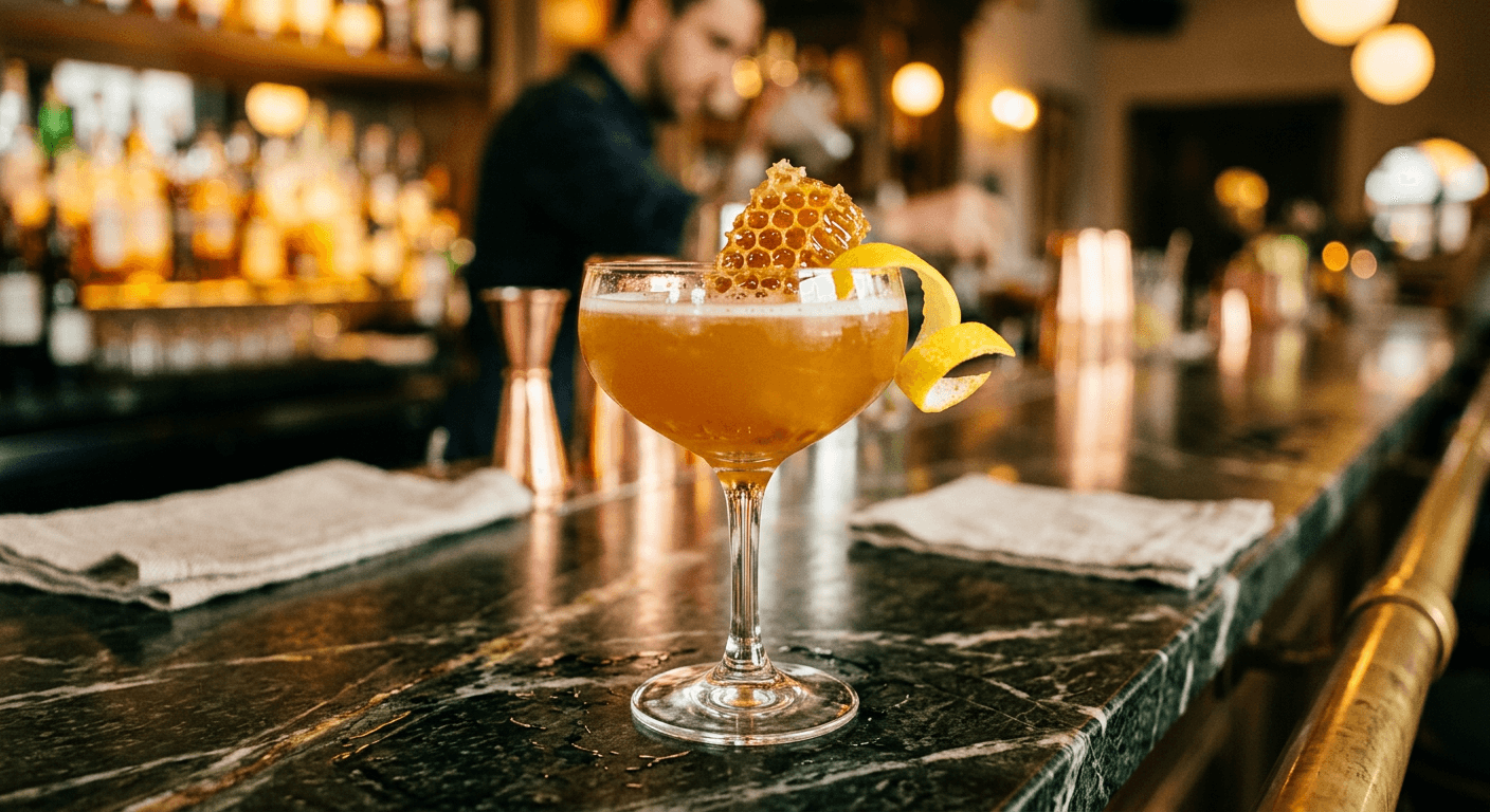 Honey cocktail in a coupe with honeycomb garnish