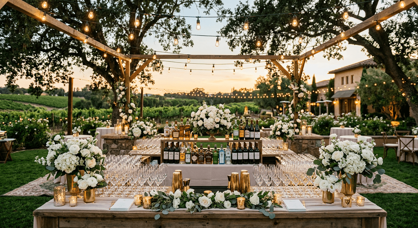 Wedding reception bar at a winery with florals and string lights